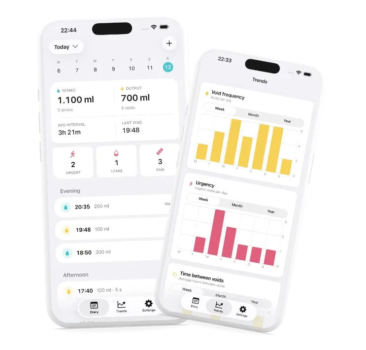 Two iPhones running Vesi: one showing a day's diary with intake and output totals and a timeline of entries, the other the Trends charts for void frequency and urgency